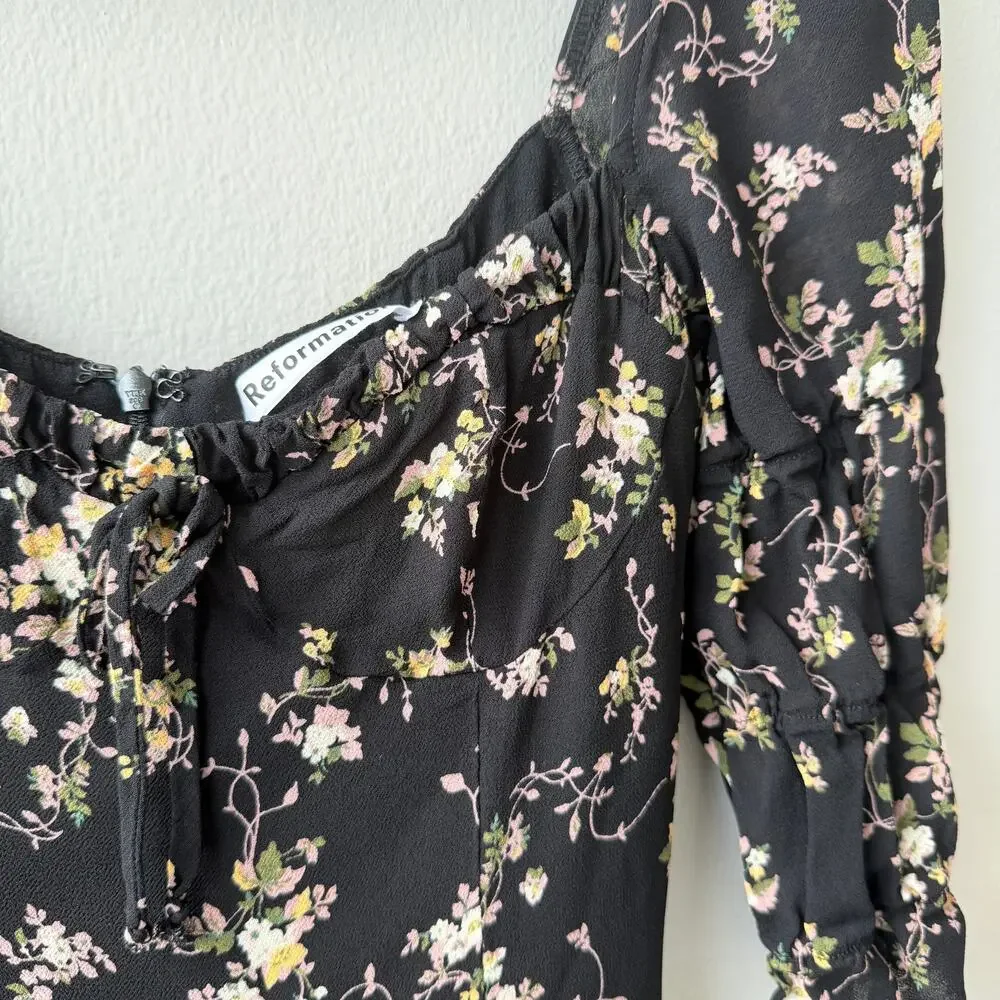 Reformation Clarissa Black Floral Midi Dress – Slit Crepe – Size M (US 6) - Picture 6 of 7